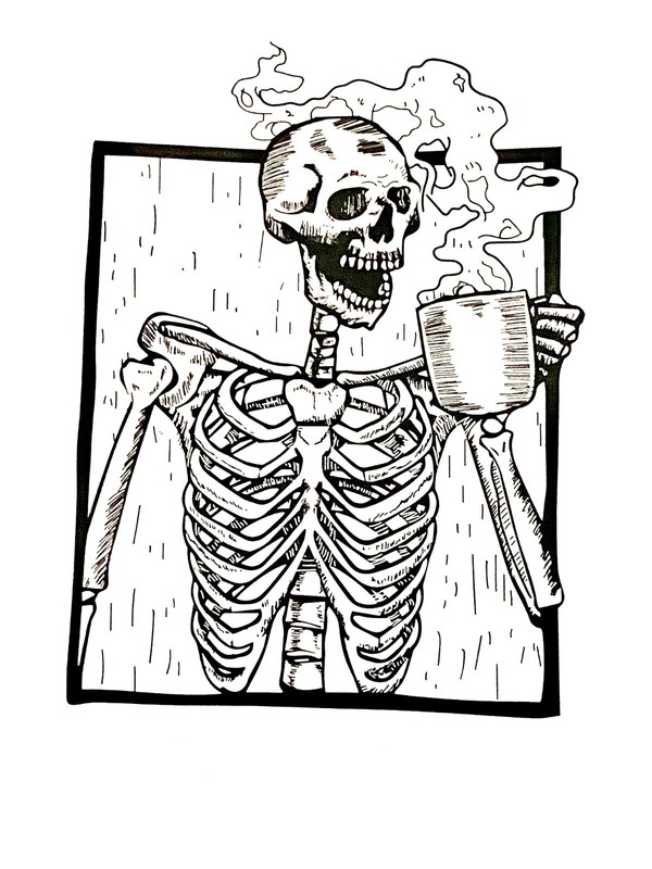 Skeleton Coffee Phone Sticker (2 Inch) Line Art Minimalist Gothic Sketch