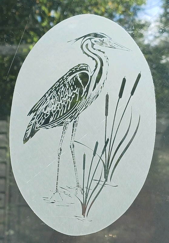 Heron Left Window Decal 8 X 12 OVAL Etched Glass Look Cling Removable&Reusable 1