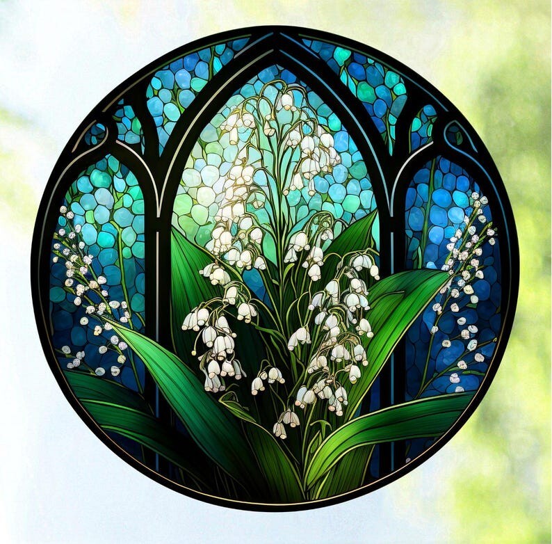 Lily of the Valley Faux Stained-Glass WINDOW CLING Sun-catcher Size 8″ Round