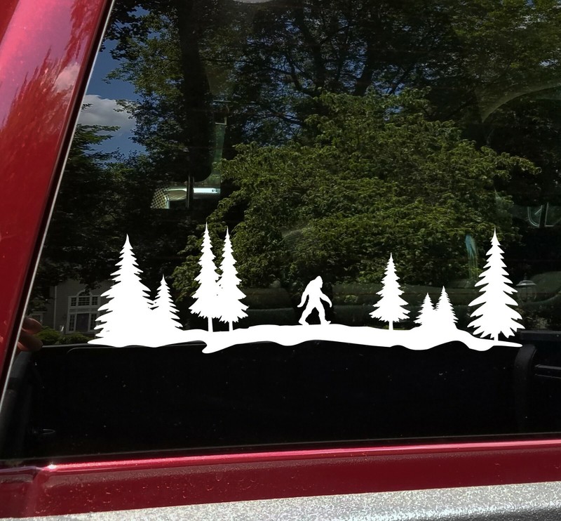 Bigfoot in Tree Line V4 Vinyl Decal - Sasquatch Pine Forest Woods Hiking Camping