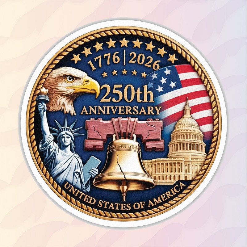 250th Anniversary of USA Sticker, Patriotic Eagle Flag Liberty Bell Size 3″