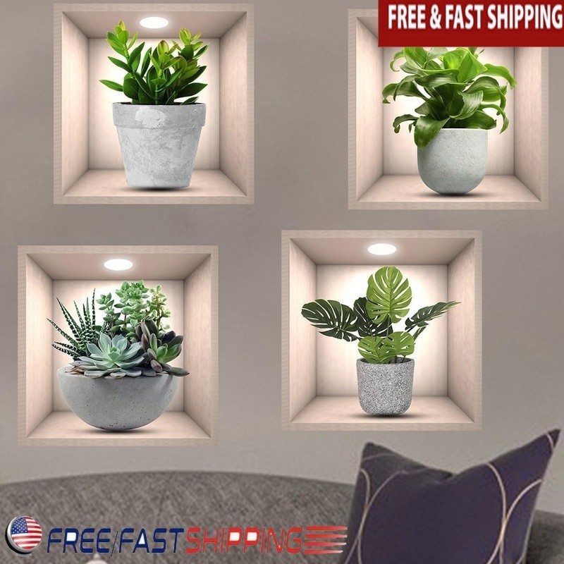 4 Pack 3D Green Plant Wall Stickers Waterproof Vinyl Home Decor Wall Decals New