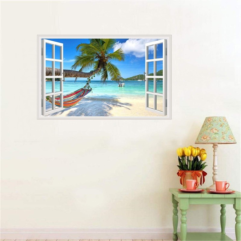 Beach Seascape Window Wall Sticker Palm Tree and Hammock Fake Window Wall Dec... gallery