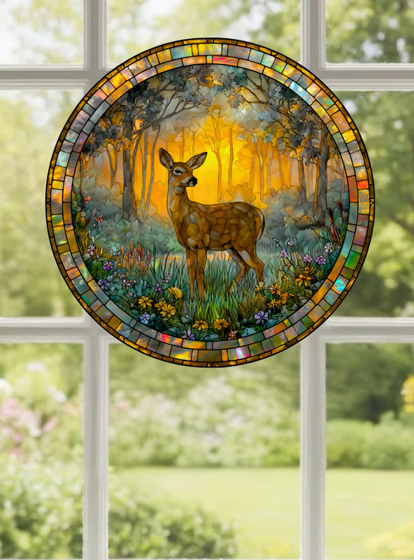 Deer Faux Stained-Glass WINDOW CLING Size 8" Round, Repositionable Vinyl gallery