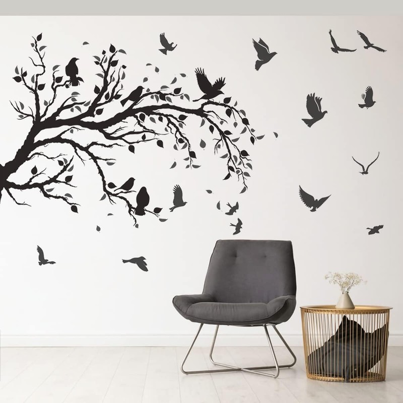 Black Tree Branch Flying Birds Wall Decal 50"" × 30"" DIY Birds Left to Right gallery