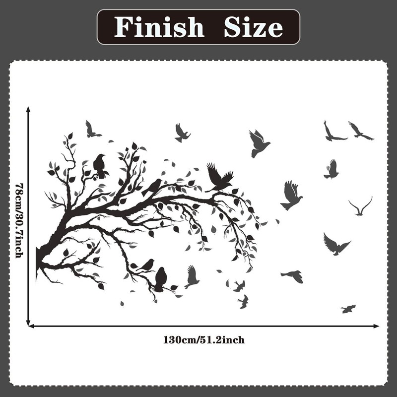 Black Tree Branch Flying Birds Wall Decal 50"" × 30"" DIY Birds Left to Right gallery
