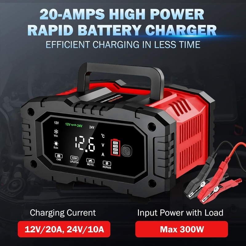 20-Amp Car Battery Charger, 12V/20A and 24V/10A LiFePO4,Lead-AcidAGM/Gel/SLA ... gallery