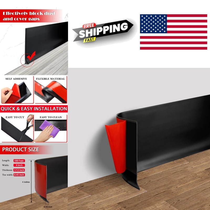 Decorative Vinyl Baseboard 4 Inch x 100 Feet Black Self Adhesive Flexibility