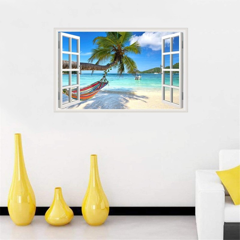 Beach Seascape Window Wall Sticker Palm Tree and Hammock Fake Window Wall Dec... gallery