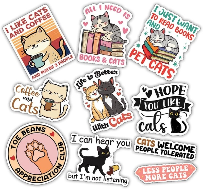 10pcs Cute Cat Sticker, Cat and Book, Cozy Cat, Kawaii Sticker For Cat Lover