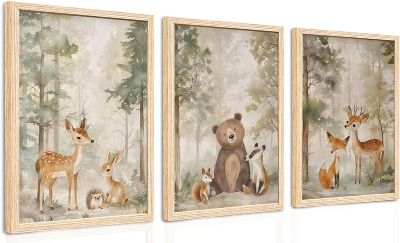 Woodland Nursery Decor Wall Art Set of 3, Cute Forest Friend Animal Canvas Print
