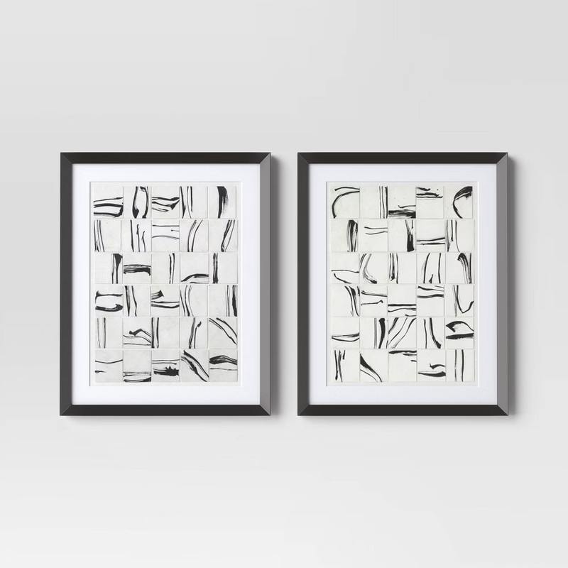 (Set of 2) 16″x20″ Patterned Lines Abstract Framed Arts Black – Threshold