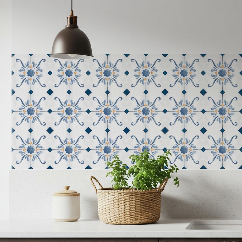 16 Pack, 5.9 Inch Blue and Gold Tile Decals, French Country Watercolor Vinyl ... gallery