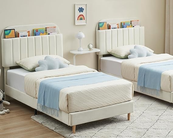 Bed Frame With Bookcase Headboard Upholstered Platform With Wooden Slats Support gallery