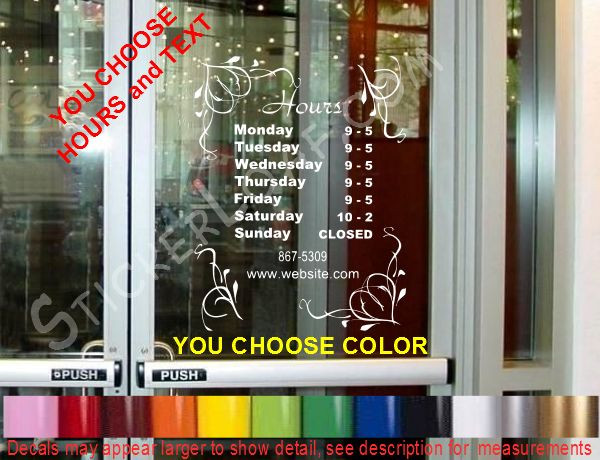 STORE HOURS CUSTOM WINDOW DECAL BUSINESS SHOP Storefront VINYL DOOR SIGN COMPANY