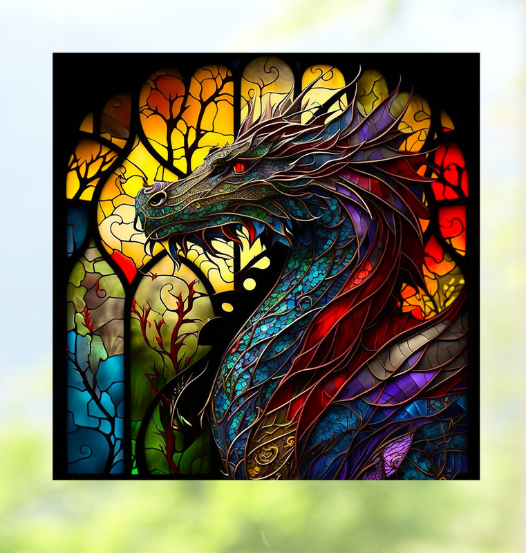 Dragon Faux Stained-Glass WINDOW CLING Size 8″ Repositionable Vinyl