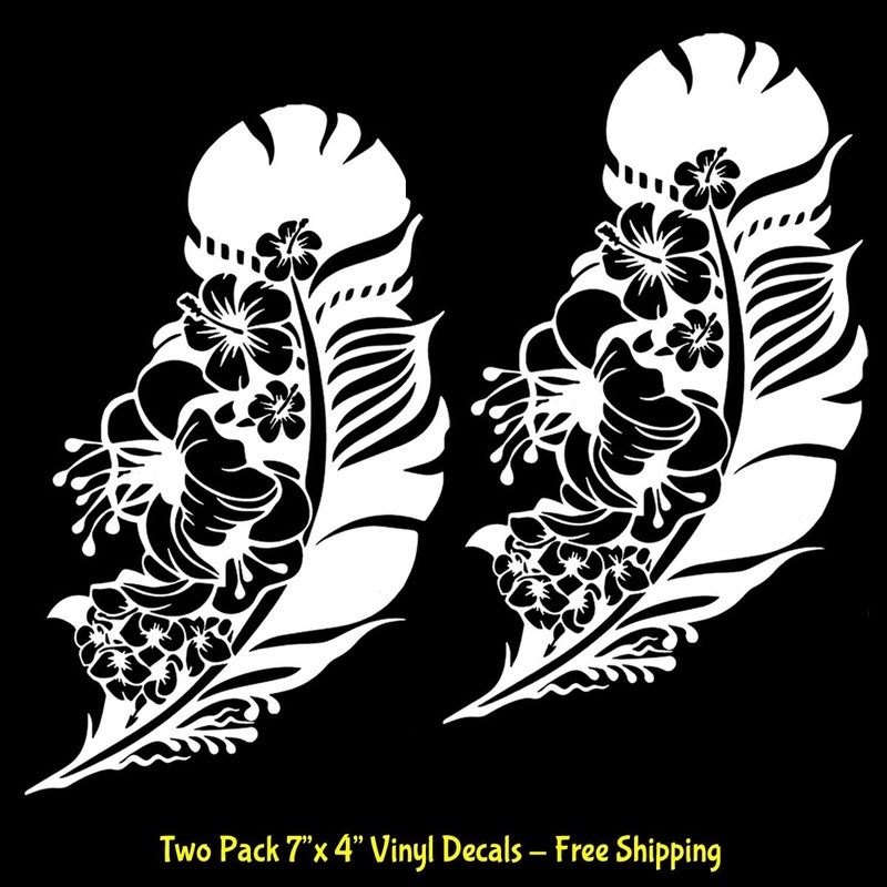 Hibiscus Hawaiian Flower Botanical Feather 2 Pk 7" White Vinyl Decals Car Window gallery