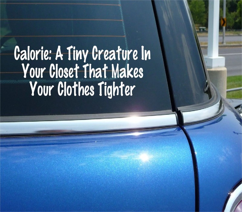 CALORIE TINY CREATURE IN CLOSET MAKES CLOTHES TIGHTER DECAL STICKER FUNNY CAR