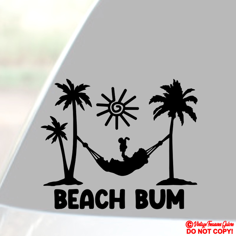 BEACH BUM Vinyl Decal Sticker Car Window Wall Bumper TROPICAL PALM TREES HAMMOCK
