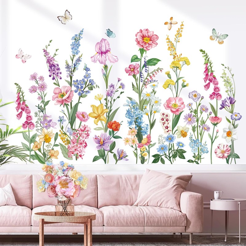 Garden Flower Wall Stickers Wildflower Iris Daisy Floral Butterflies Peel and...