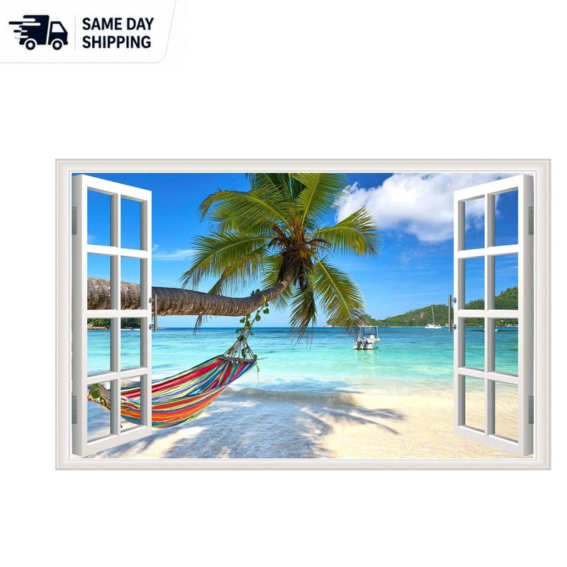 Vivid Beach Seascape Window Wall Sticker - Palm Tree Design for Home Decor