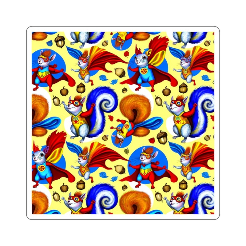 Sticker Squirrel Superheroes Maximalist Surrealism OffBeat Weird 2×2 3×3 4×4 6×6