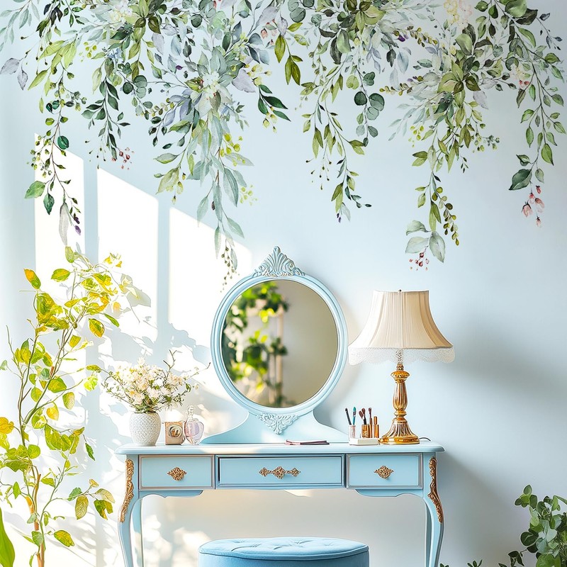 Green Plants Leaves Wall Decals Peel and Stick, Large Floral Flowers Wall Sti...