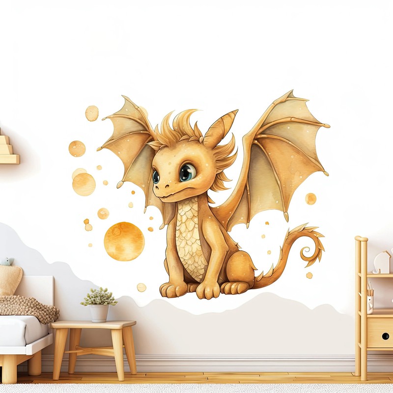 Enchanted Gold Dragon Wall Decal – Whimsical Baby Dragon Sticker Mural –