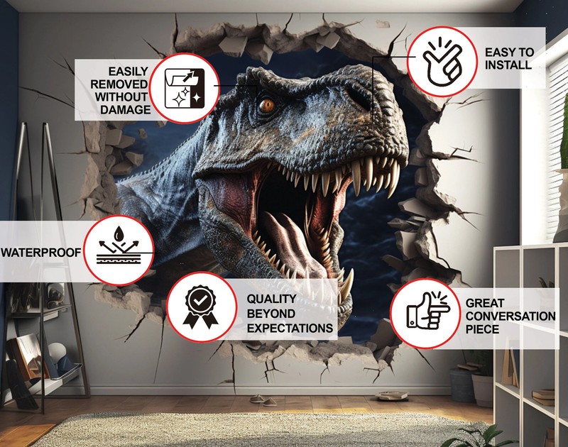 3D Dinosaurs Art Wall Sticker - Vinyl Decor with Broken Illusion Effect - gallery