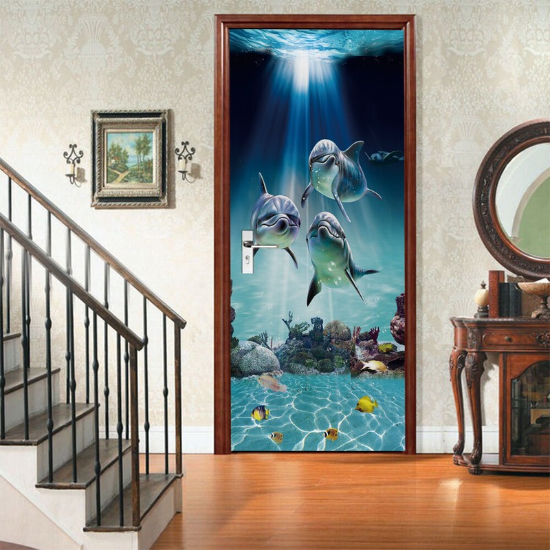 Self Adhesive Bookshelf Cartoon Door Sticker Wall Murals Waterproof Wallpaper